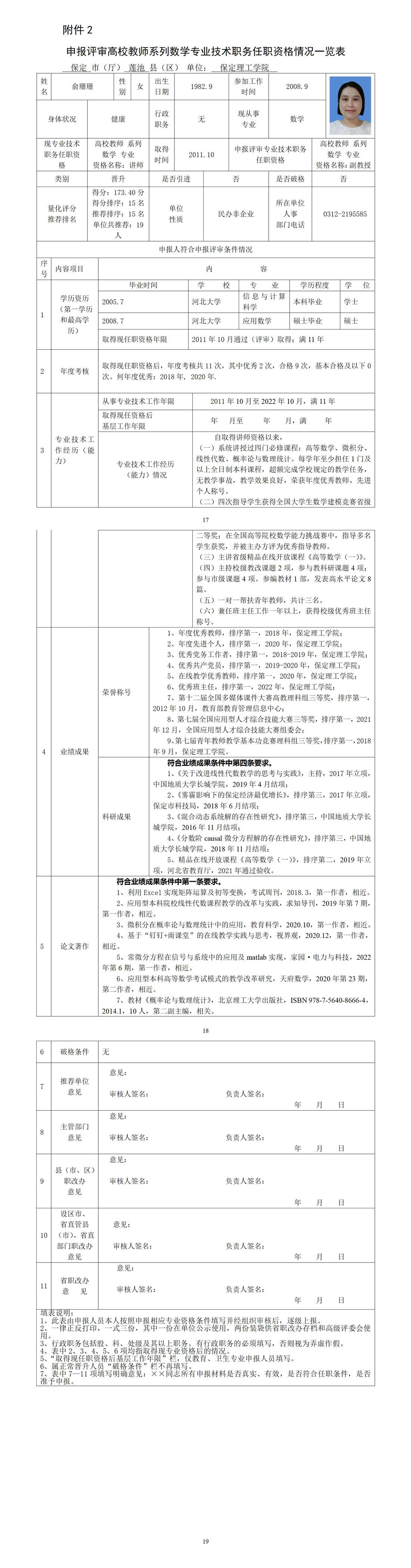 俞珊珊任職資格情況一覽表